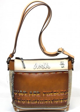 Bolso bandolera grande, tonos beis, con recuadro letras. ANEKKE