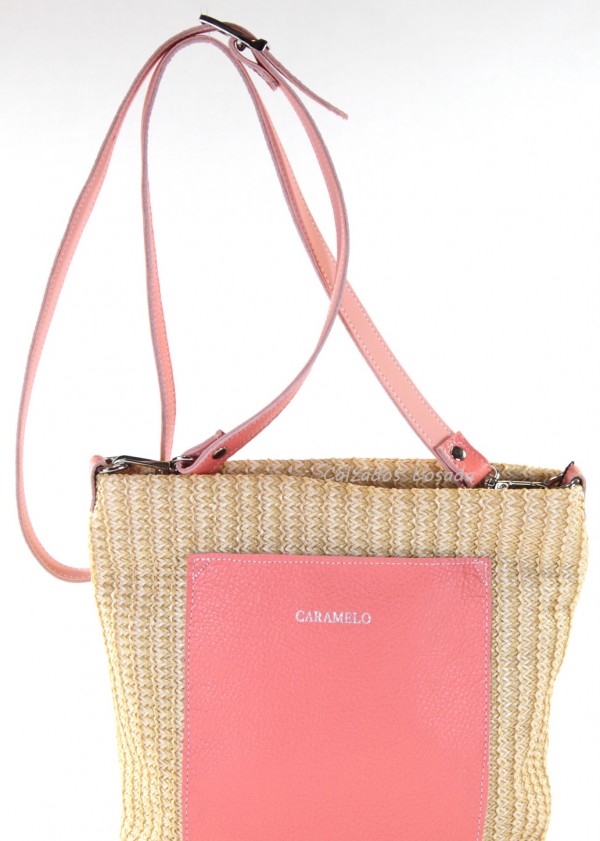 Bolso bandolera de rafia y piel CARAMELO