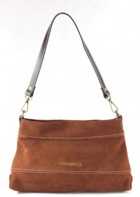 Bolso pequeño piel serraje asa de hombro. Marrón. Caramelo