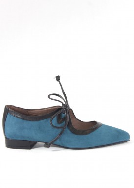 Zapato vestir de atar lazada cuero. Azul turquesa oscuro. RAGAZZA DE ROLDÁN