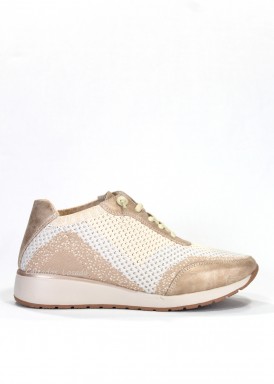 Zapatilla deportiva mujer textil y piel. Beis champang y blanco. Treintas.