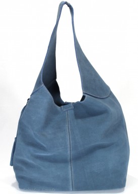 Bolso serraje con un asa de hombro estilo shopping bag. Azul jeans. Caramelo.