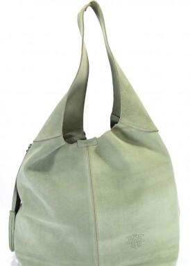 Bolso serraje con un asa de hombro estilo shopping bag. Verde. Caramelo.