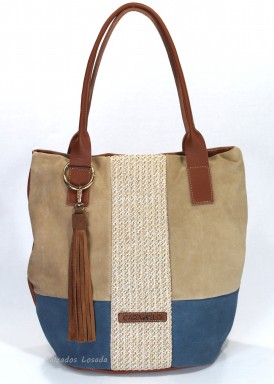 Bolso de dos asas grande de rafia y serraje. Camel y azul. Caramelo