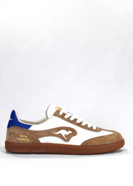 Zapatilla deportiva retro. Blanco-camel -azul. KANGAROOS