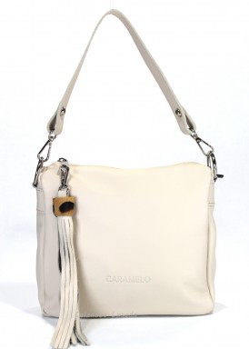 Bolso de piel suave tamaño grande. Asa de hombro y bandolera. Beis. Caramelo.