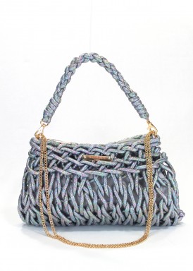Bolso fiesta con asa y cadena. Plata-multicolor. Simosastre.