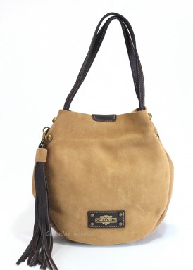 Bolso dos asas piel serraje, pequeño. Camel. CARAMELO.