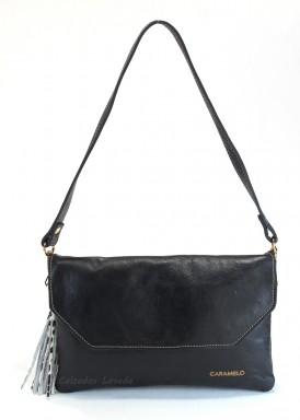 Bolso de vestir de hombro, piel negro. Caramelo.