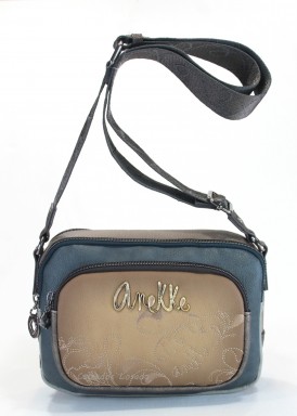 Bolso bandolera mediano taupe y azul. Colección real. Anekke