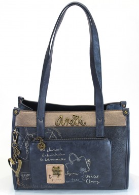 Bolso dos asas con bandolera, azul marino. Colección Mademoiselle de Anekke.