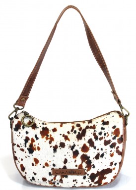 Bolso de hombro con bandolera piel de vaca beis-marrón. Caramelo.