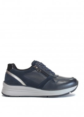 Deportiva casual de piel cordones y cremallera. Azul marino. Treintas