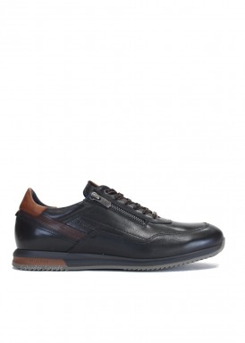 Deportiva casual de piel cordón y cremallera. Negro-cuero. Fluchos