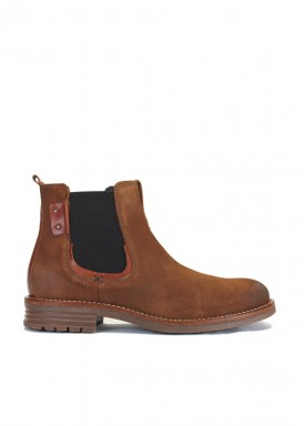 Botín hombre serraje cremallera y fuelle, color camel. Tacón cortado, Bola 22