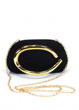 Clutch pequeño de fiesta negro, con asa dorada. Dogs.