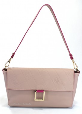 Bolso de solapa con dos asas de hombro y bandolera. Nude/Fuxia. CARAMELO.