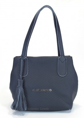 Bolso de piel, dos asas y bandolera. Azul marino. CARAMELO.