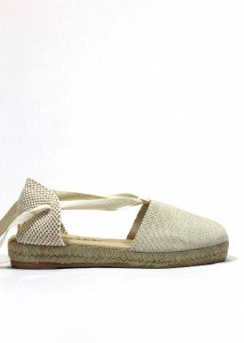 Alpargata cuña baja, jaspeado, cintas atar tobillo. Beis . Picón