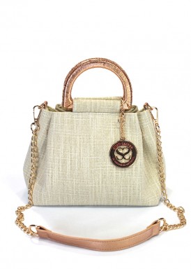 Bolso beis textil, con dos asas rígidas y cadena. SIMOSASTRE.