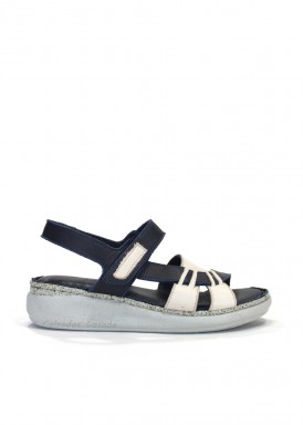 Sandalia de piel suave con plantilla de gel recubierta de piel. Marino-blanco. TREINTAS.