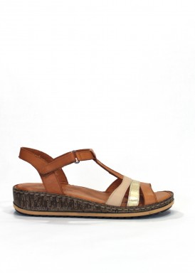 Sandalia mujer cuña baja, de piel. Cuero-beige-oro. Vicmart.