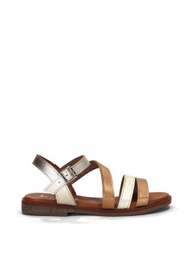Sandalia plana cuatro tiras, oro y bronce. Jordana.