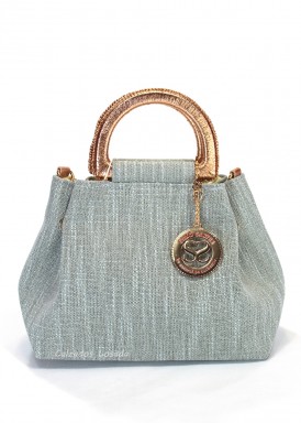 Bolso beis textil, con dos asas rígidas y cadena. SIMOSASTRE