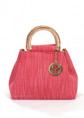Bolso beis textil, con dos asas rígidas y cadena. Coral. SIMOSASTRE.