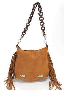 Bolso de serraje flecos. Taupe. Caramelo
