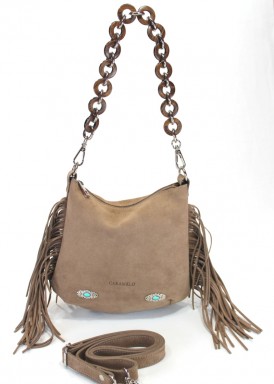 Bolso de serraje flecos. Taupe. Caramelo.