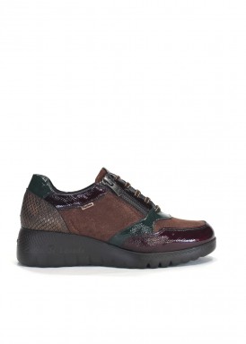 Zapato sport con cordón y cremallera. Marrón-verde-granate. Fluchos.