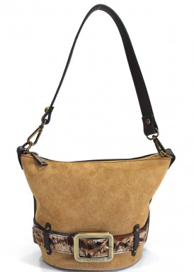 Bolso pequeño de hombro y bandolera de serraje. Camel. Caramelo.
