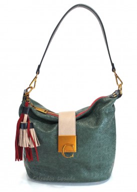 Bolso de hombro y bandolera. Verde. Caramelo.