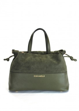 Bolso de piel y serraje dos asas pequeñas. Verde . CARAMELO.