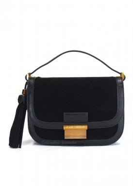 Bolso pequeño de un asa de mano en piel serraje. Negro. Caramelo.
