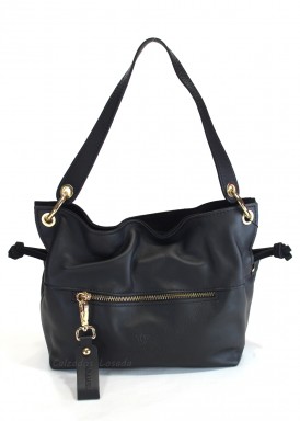 Bolso clásico negro frunce. Asa de hombro y bandolera. Caramelo.