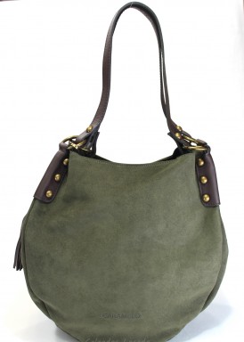 Bolso dos asas piel y serraje, redondeado. Verde. CARAMELO