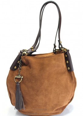 Bolso dos asas piel y serraje, redondeado. Cuero. CARAMELO.