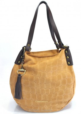 Bolso dos asas piel y serraje, redondeado. Camel. CARAMELO.
