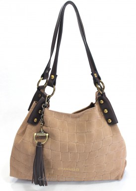 Bolso dos asas piel y serraje. Color taupe. CARAMELO.