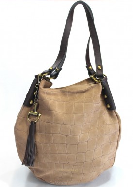 Bolso dos asas piel y serraje, redondeado. Taupe. CARAMELO