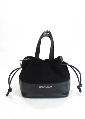 Bolso pequeño de piel y serraje dos asas pequeñas. negro . CARAMELO