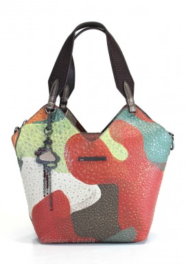 Bolso dos asas de mano con bandolera. Estampado multicolor