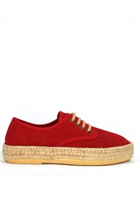 Zapato de serraje de cordón con piso de esparto. Color rojo.  Calzados Subirán