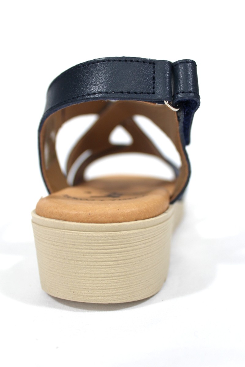 JORDANA - Sandalia de mujer de piel, ancho especial cierre velcro, con cuña  baja. Azul marino. JORDANA| Calzados Losada