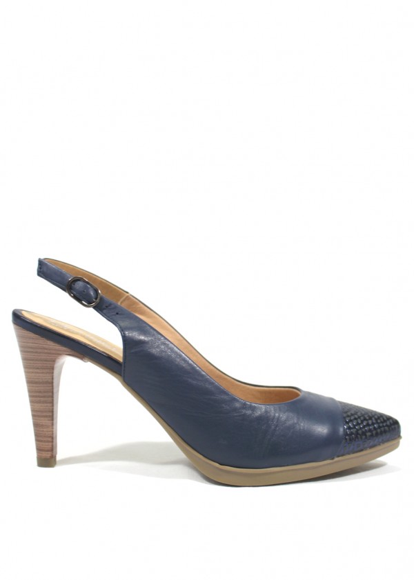 DESIREÉ - Salón destalonado de piel tacón fino 8 cm. Color azul marino.  DESIREE| Calzados Losada