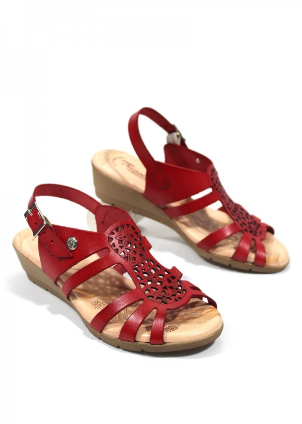 TRISOLES - Sandalia de piel con cuña 4 cm. Plantilla de gel. ROJO.  TRISOLES| Calzados Losada