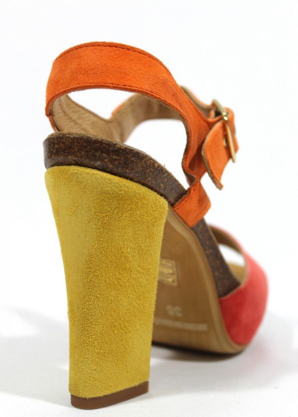 ANA ROMÁN - Sandalia de ante de tacón ancho. Amarillo, coral y naranjo. ANA  ROMÁN| Calzados Losada