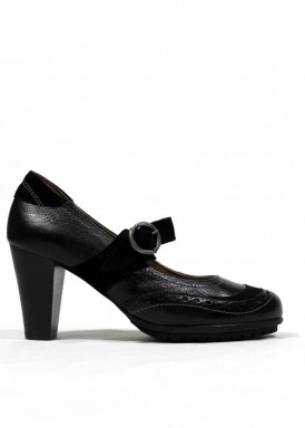 Zapato con pulsera, ancho especial. Tacón 7cm. Negro. Fap
